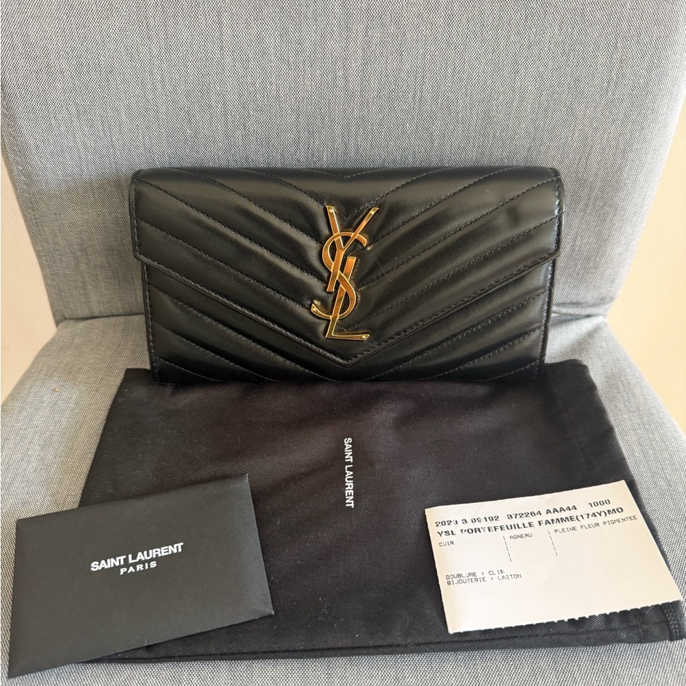 Saint Laurent Black Envelope Wallet with Gold Logo